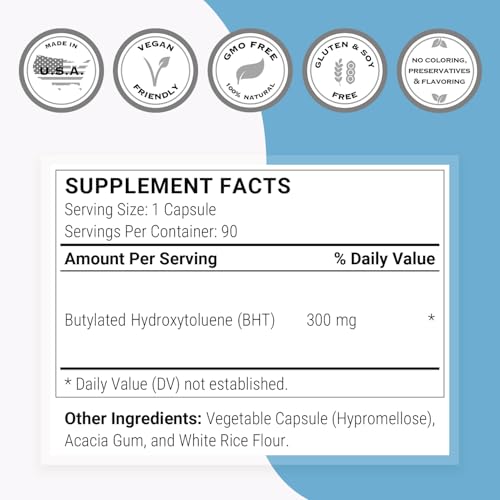 Supersmart - BHT Supplement 300mg per Day - Butylated Hydroxytoluene | Non-GMO & Gluten Free - 90 Vegetarian Capsules - imagen 4