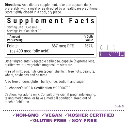 Suplemento vegano de ácido fólico 400 mcg