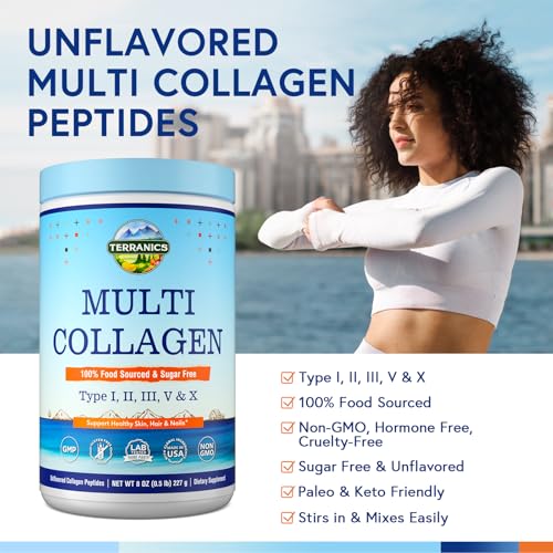 Terranics Multi Collagen Peptides Powder, Type I II III V X Hydrolyzed Collagen for Women+Men, Collagen Supplements, Fast Dissolve, Unflavored Colagen - imagen 3
