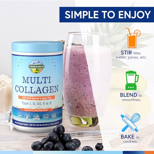 Terranics Multi Collagen Peptides Powder, Type I II III V X Hydrolyzed Collagen for Women+Men, Collagen Supplements, Fast Dissolve, Unflavored Colagen - imagen 7